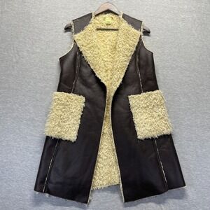 H by Heurueh Faux Suede Vest Womens S/M Black‎ Cream Shearling Sherpa Open Front